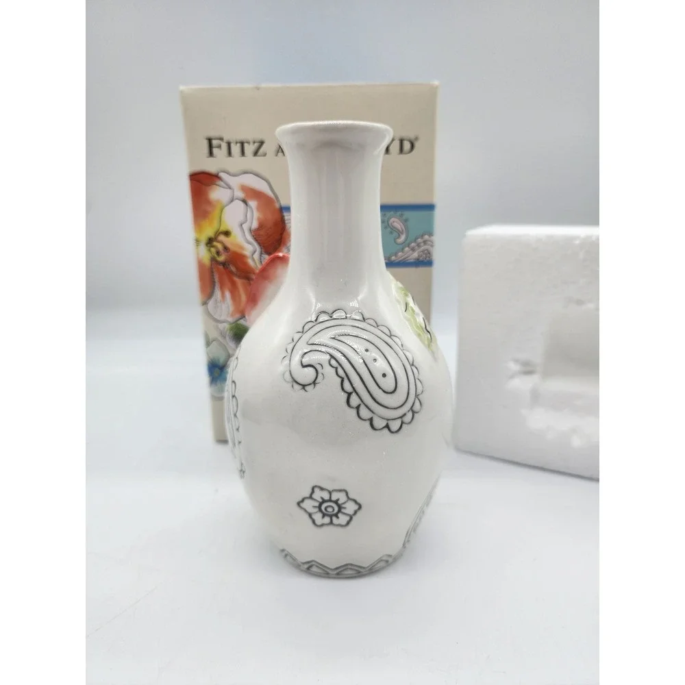 Fitz and Floyd Paisley Park Bud Vase 3D Pink Rose White Ceramic Floral 6 inch